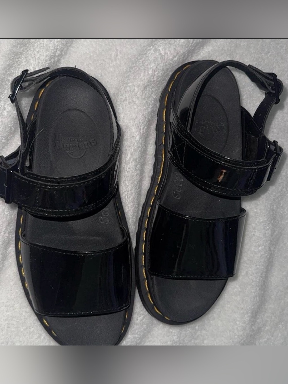 Dr. Martens Black Patent Strappy Sandals with Yellow Stitching